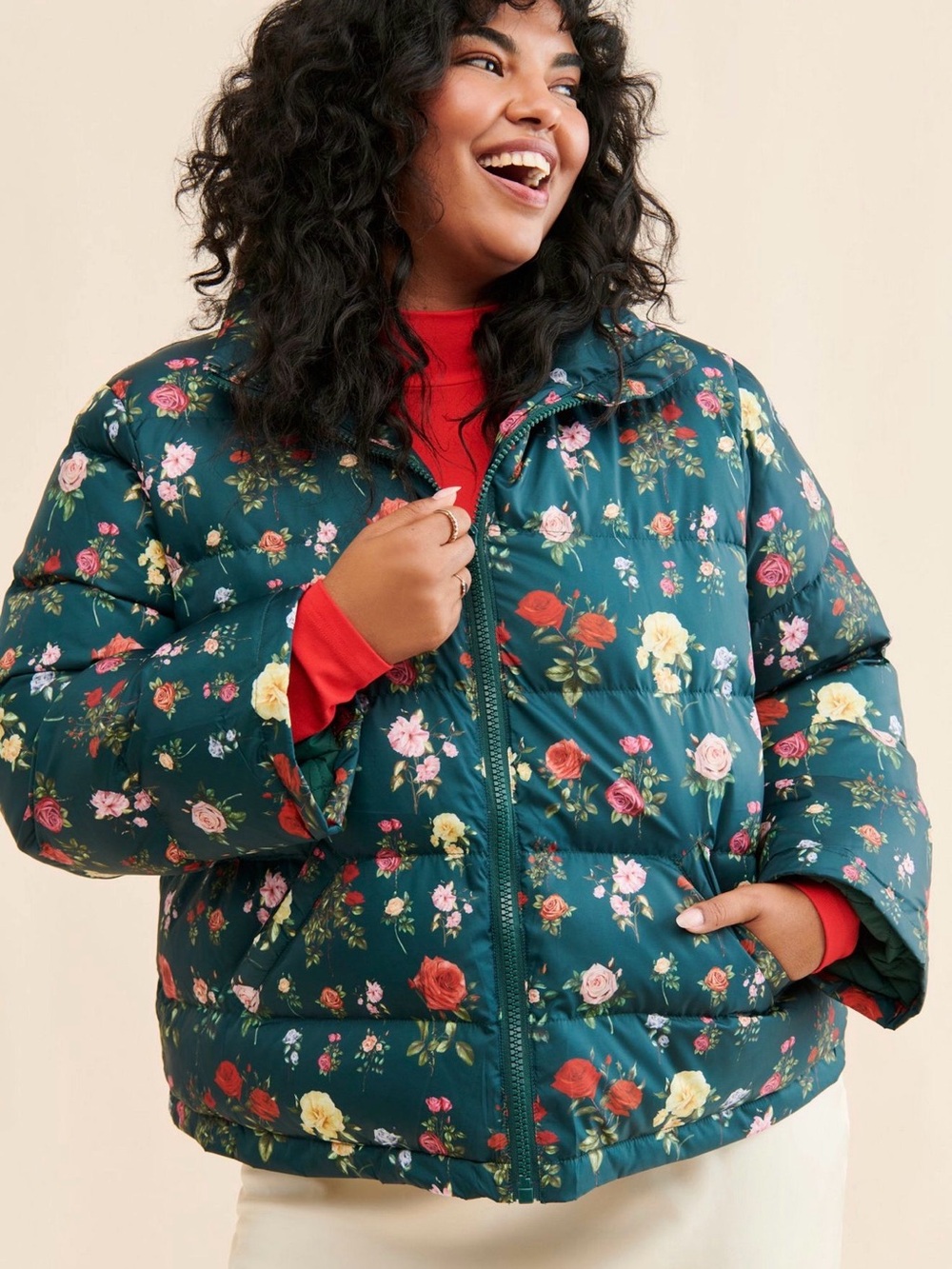 ANTHRO!! Rachel Antonoff Teal Floral Puffer Jacket with Multicolor Roses